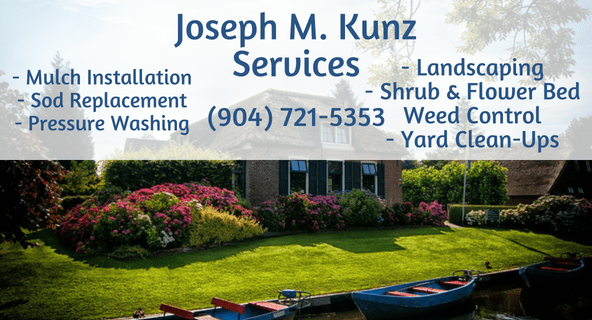 Joseph M Kunz Service and contact number with a well-maintained garden with a brick house, and trees.